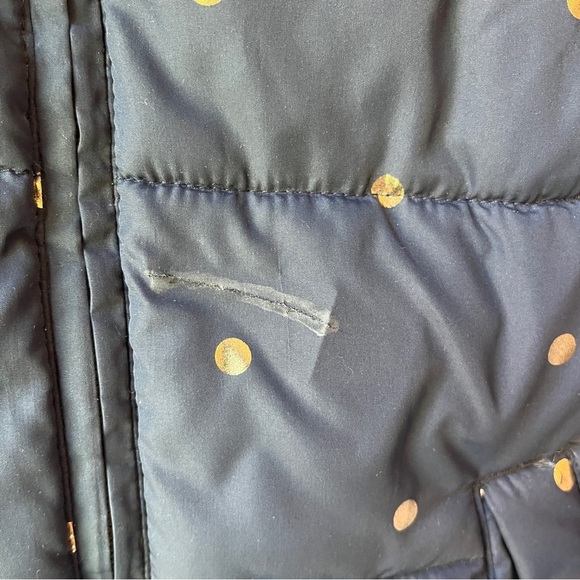 Mini Boden Navy Puffer Vest with Gold Polka Dots Faux Fur Lined - Picture 2 of 8